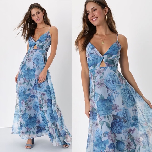 Blue and Violet Floral Organza Keyhole A-Line Maxi Dress 🌿 - Picture 5 of 10